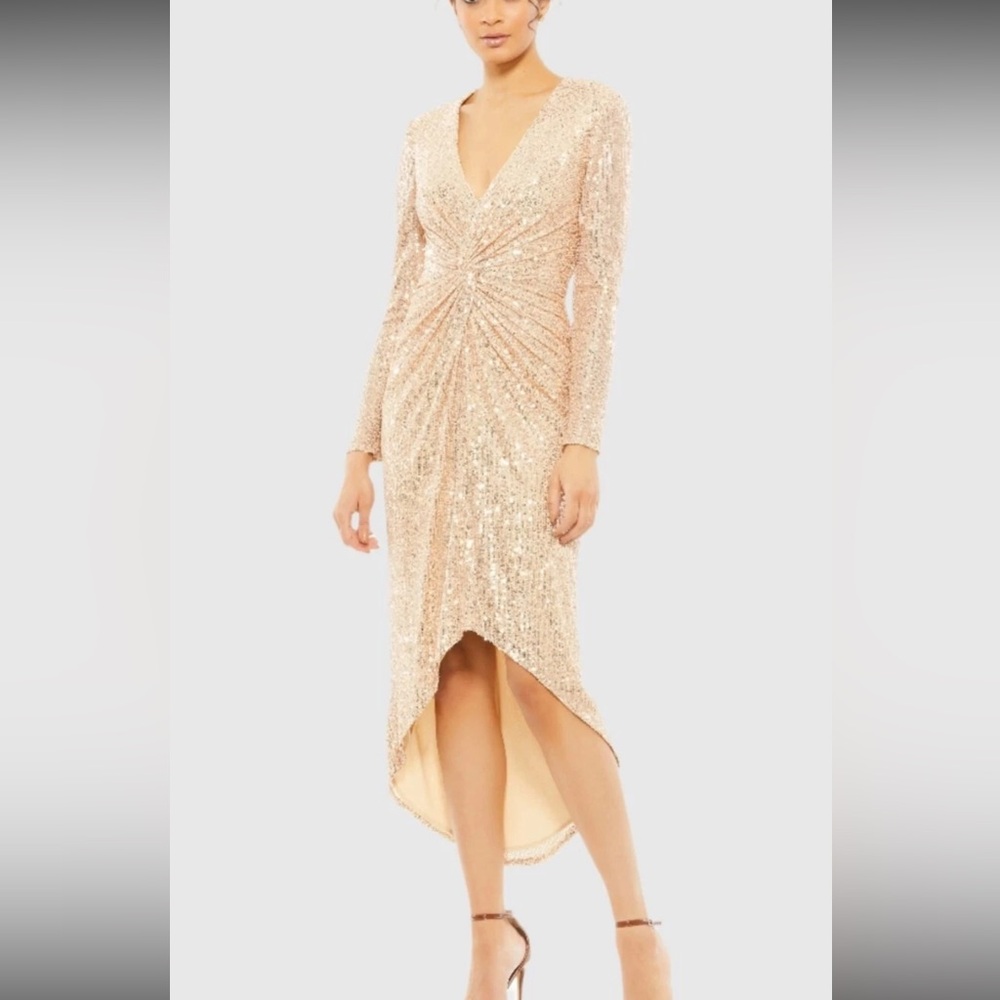 IEENA by Mac Duggal Rose Gold Sequin Twist Front Midi Dress‎ Size 0 Elegant Prom